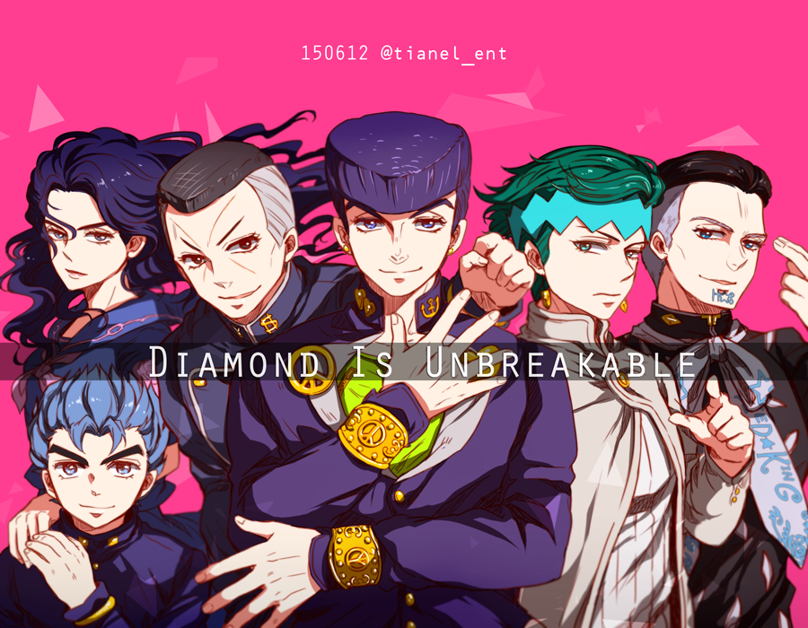 anchor_symbol artist_name black_hair blue_eyes blue_hair copyright_name dollar_sign earrings fungami_yuuya gakuran green_eyes green_hair grey_hair headband heart higashikata_jousuke hirose_kouichi jewelry jojo_no_kimyou_na_bouken kishibe_rohan multicolored_hair nijimura_okuyasu peace_symbol pink_background pointing pointing_at_viewer pompadour purple_hair school_uniform serafuku tattoo tianel_ent triangle two-tone_hair wrist_cuffs yamagishi_yukako yen_sign