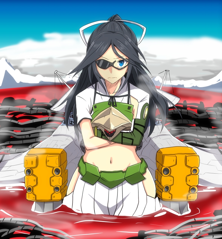 1girl aaa_wunder asymmetric_gloves black_hair blue_eyes crossed_arms elbow_gloves evangelion:_3.0_you_can_(not)_redo fingerless_gloves furisode glasses gloves gunbuster_pose hair_ribbon i_b_b_e japanese_clothes kantai_collection katsuragi_(kantai_collection) kimono long_hair looking_at_viewer machinery mecha_musume midriff neon_genesis_evangelion parody partially_submerged pleated_skirt ponytail rebuild_of_evangelion remodel_(kantai_collection) ribbon skirt solo standing top_wo_nerae! water