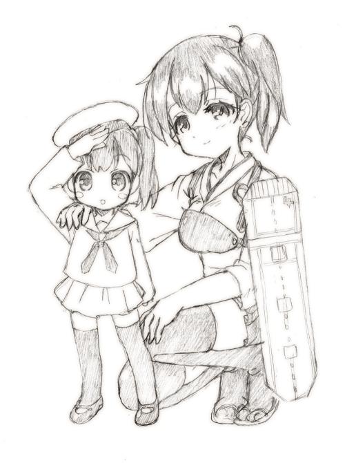 2girls closed_mouth ehime_mikan hat japanese_clothes kaga_(jmsdf) kaga_(kantai_collection) kantai_collection long_sleeves monochrome multiple_girls muneate necktie open_mouth pleated_skirt ponytail salute school_uniform serafuku short_hair short_sleeves side_ponytail sketch skirt smile thigh-highs younger