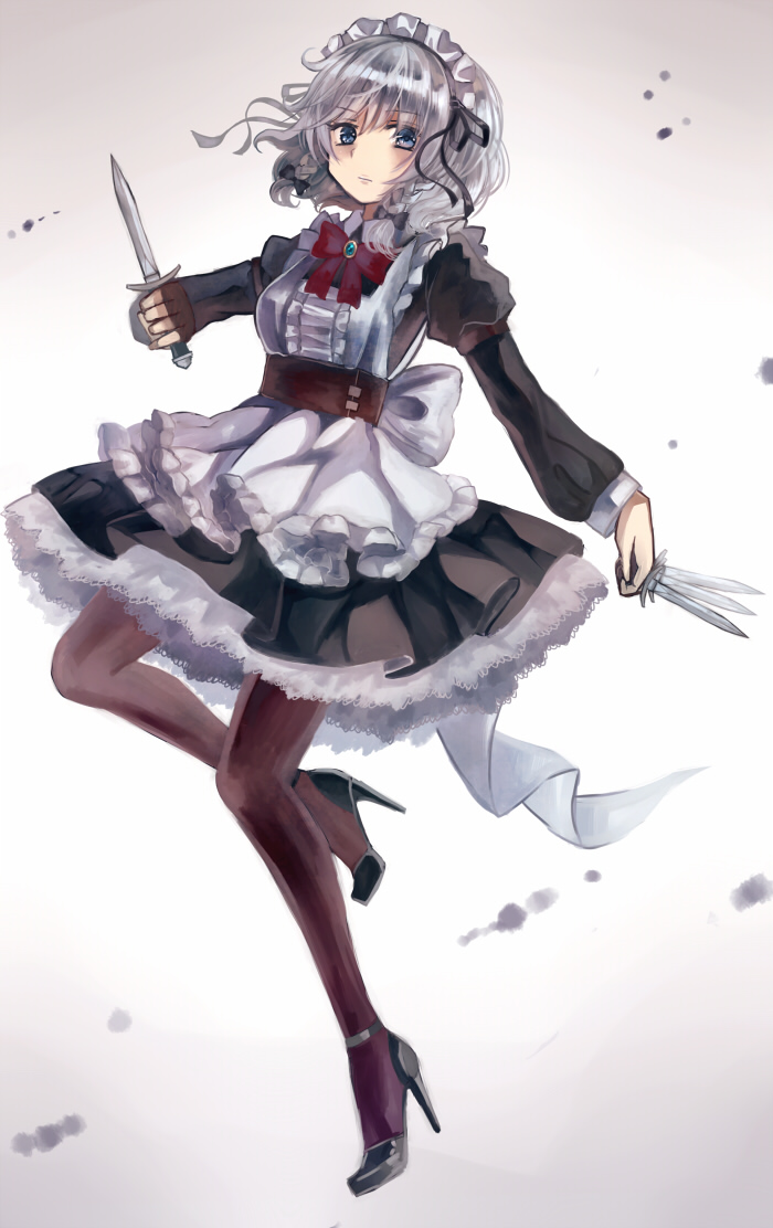 1girl adapted_costume apron black_dress black_shoes bow braid brooch brown_legwear dress grey_eyes high_heels izayoi_sakuya jewelry juliet_sleeves knife long_sleeves looking_at_viewer maid maid_apron maid_headdress miyakure pantyhose puffy_sleeves sash shoes silver_hair solo standing_on_one_leg touhou twin_braids