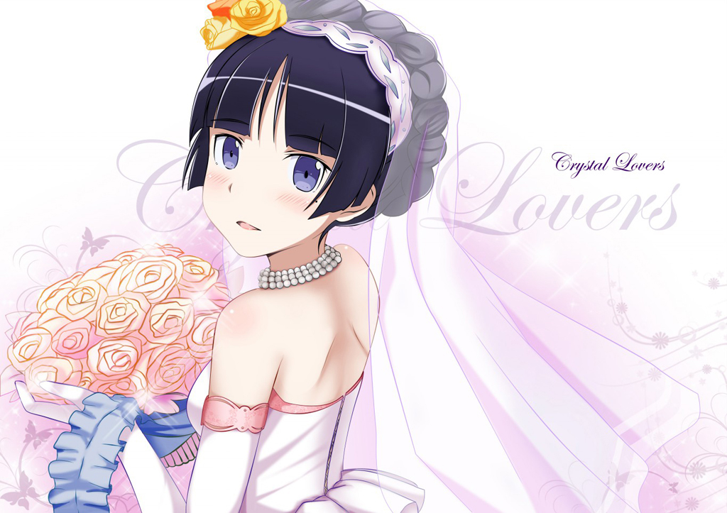 1girl alternate_hairstyle bare_shoulders black_hair blush bouquet braid bridal_veil dress edogawakid elbow_gloves flower gloves gokou_ruri jewelry looking_at_viewer mole necklace ore_no_imouto_ga_konna_ni_kawaii_wake_ga_nai pearl_necklace short_hair smile solo upper_body veil violet_eyes wedding_dress