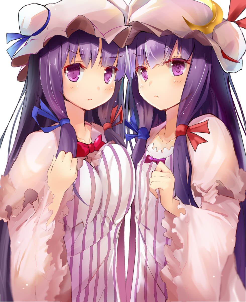 2girls blue_ribbon blush breasts crescent dual_persona efe hat hat_ribbon highres long_hair multiple_girls patchouli_knowledge purple_hair red_ribbon ribbon simple_background touhou vertical_stripes violet_eyes white_background