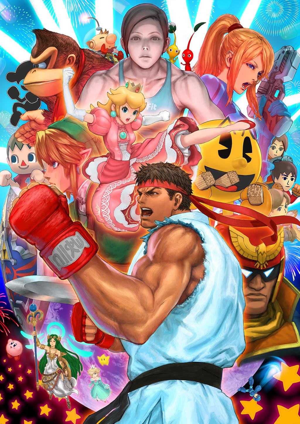 6+boys 6+girls blonde_hair blue_eyes brown_eyes brown_hair captain_falcon chiko_(mario) crown donkey_kong donkey_kong_(series) doubutsu_no_mori dougi dress eating elbow_gloves f-zero fingerless_gloves fireworks game_&amp;_watch gloves green_hair grey_eyes grey_hair gun headband helmet highres kid_icarus kirby kirby_(series) link super_mario_bros. metroid mii_(nintendo) mr._game_&amp;_watch multiple_boys multiple_girls necktie official_art olimar pac-man pac-man_(game) palutena parody pikmin pikmin_(creature) pink_dress princess_peach rockman rockman_(character) rockman_(classic) rosetta_(mario) ryuu_(street_fighter) samus_aran shield staff star street_fighter street_fighter_ii super_mario_bros. super_mario_galaxy super_smash_bros. the_legend_of_zelda villager_(doubutsu_no_mori) weapon wii_fit wii_fit_trainer yasuda_akira zero_suit