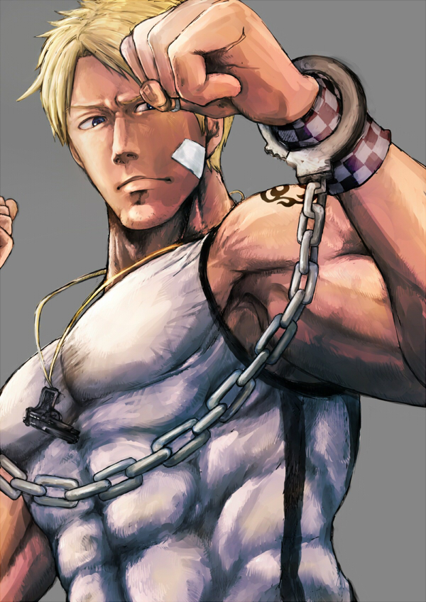 1boy abs bandaid blonde_hair blue_eyes checkered clenched_hands cody_travers cuffs facial_hair fighting_stance final_fight goroumaru_(galaxy2-3-6) handcuffs male_focus muscle nose solo street_fighter street_fighter_iv stubble super_street_fighter_iv tank_top wristband