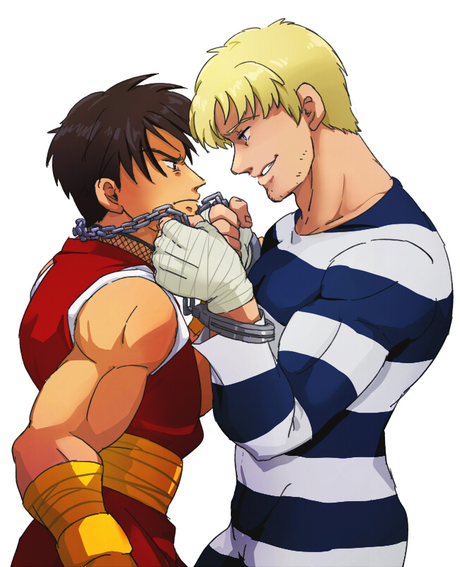 2boys black_hair blonde_hair chain cody_travers eye_contact facial_hair final_fight gai_(final_fight) goroumaru_(galaxy2-3-6) grin handwraps height_difference looking_at_another multiple_boys muscle ninja prison_clothes short_hair smile street_fighter street_fighter_zero stubble yaoi