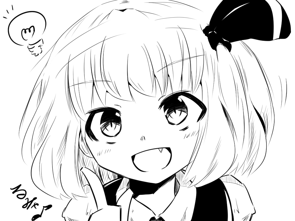 1girl :d fang hair_ribbon index_finger_raised lightbulb magaribinzu monochrome open_mouth ribbon rumia short_hair slit_pupils smile touhou