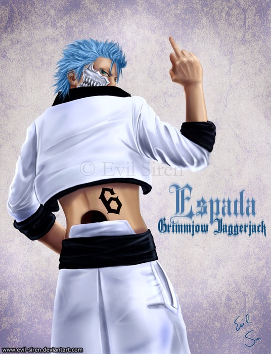 1boy arrancar belt bleach blue_eyes blue_hair espada grimmjow grimmjow_jaegerjaquez grimmjow_jaggerjack hole jacket jaw male middle_finger skull solo