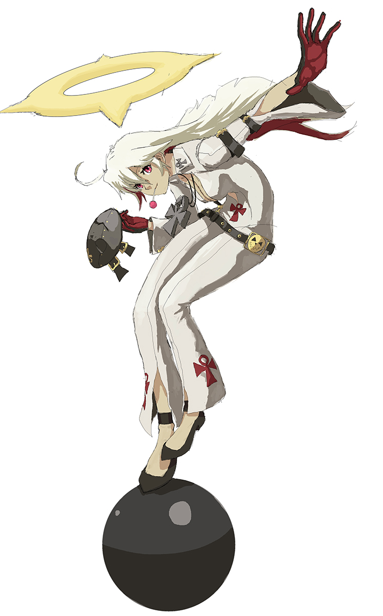 1girl balancing black_gloves bodysuit breasts candy center_opening full_body gameplay_mechanics gloves guilty_gear guilty_gear_xrd halo highres jack-o_(guilty_gear) lollipop long_hair mask mask_removed multicolored_hair quentin_lecuiller red_eyes red_gloves redhead smile solo two-tone_hair white_hair