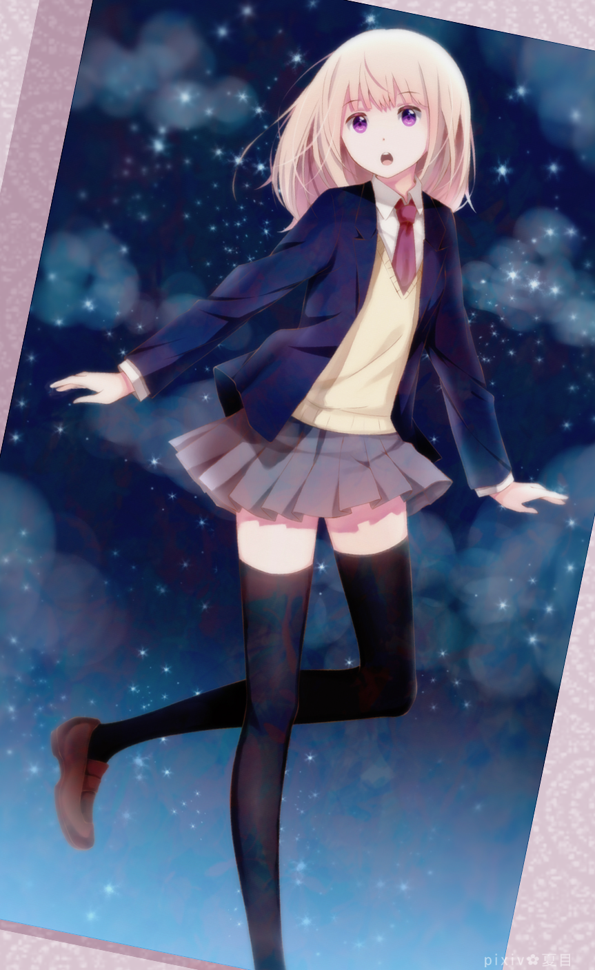 1girl black_legwear blonde_hair brown_shoes highres long_hair miruhi_(pixiv12262111) necktie open_mouth pleated_skirt school_uniform shoes skirt sky solo standing_on_one_leg star_(sky) starry_sky thigh-highs violet_eyes zettai_ryouiki