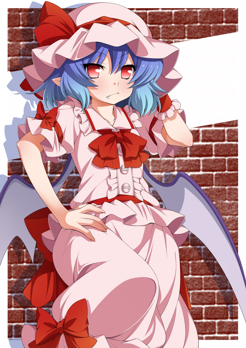 1girl bat_wings blue_hair blush bow eichi_yuu fang hand_on_hip hat hat_ribbon highres looking_at_viewer mob_cap red_bow red_eyes red_ribbon remilia_scarlet ribbon short_hair short_sleeves solo touhou wings wrist_cuffs