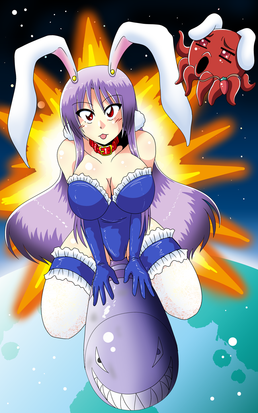1girl animal_ears breasts bunnysuit carrot_necklace cleavage collar collarbone commentary_request dog_collar earth garters highres inaba_tewi large_breasts long_hair looking_at_viewer missile octopus orbit parodius planet purple_hair rabbit_ears reisen_udongein_inaba riding sharp_teeth smile space star tasuro115 thigh-highs thighs tongue tongue_out touhou very_long_hair what white_legwear
