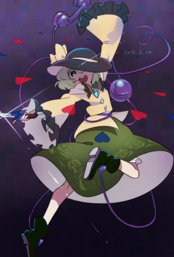 1girl arm_up boots chabi_(amedama) covering_one_eye dated eyeball floral_print full_body green_eyes green_hair hat hat_ribbon heart heart_of_string jpeg_artifacts knife komeiji_koishi long_sleeves looking_at_viewer open_mouth phone ribbon shirt short_hair skirt smile solo string third_eye touhou wide_sleeves