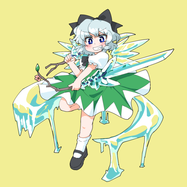 1girl black_shoes blue_eyes blush bow cirno color_switch crystal_sword dress dual_wielding flower frozen green_dress hair_bow ini_phm konpaku_youmu konpaku_youmu_(cosplay) leaf looking_at_viewer mary_janes one_leg_raised puffy_short_sleeves puffy_sleeves shoes short_hair short_sleeves silver_hair simple_background socks solo stick sword teeth touhou weapon yellow_background