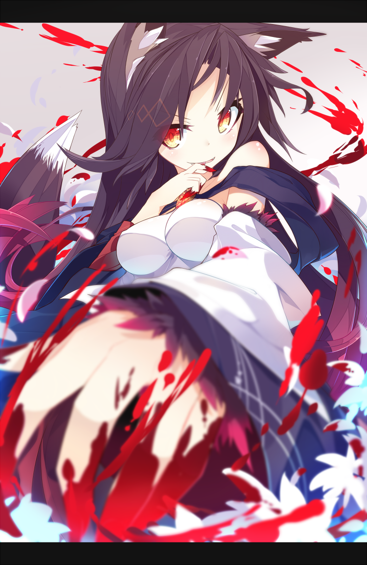 1girl adapted_costume alternate_costume animal_ears arm_hair blood blood_on_fingers bloody_hands blurry blush brooch brown_hair detached_sleeves dress fangs finger_to_mouth fur grey_background ichiyan imaizumi_kagerou jewelry long_hair long_sleeves looking_at_viewer outstretched_arm red_eyes shirt simple_background skirt smile solo strapless_dress tail touhou very_long_hair werewolf wide_sleeves wolf_ears wolf_tail