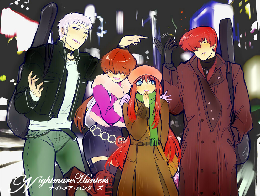 2boys 2girls blue_eyes crossover guitar_case hairband instrument_case king_of_fighters leather_jacket long_hair multiple_boys multiple_girls nanakase_yashiro red_eyes redhead shermie silver_hair skirt smile tarakoutibiru tohno_akiha tsukihime vermillion_akiha very_long_hair yagami_iori