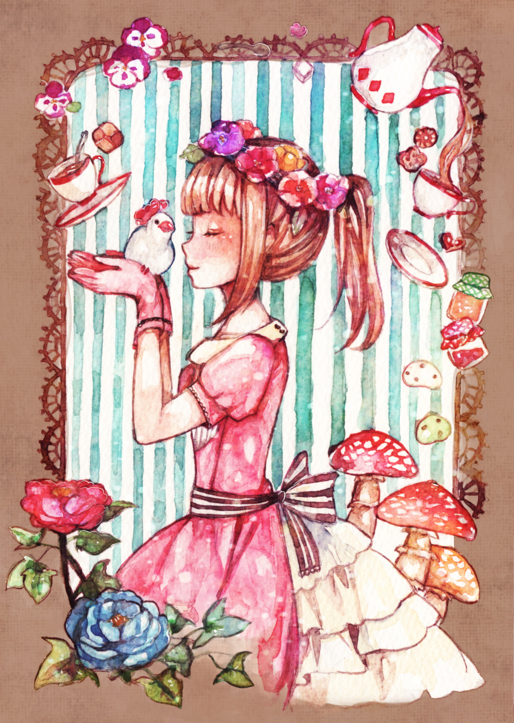 1girl amanita_(mushroom) bangs bird blue_rose bow canary clona closed_eyes commentary_request cookie cup dress flower flower_wreath food framed gloves hands_together highres holding light_smile mushroom original payot pink_dress pink_gloves plate ponytail profile puffy_sleeves red_rose rose solo striped striped_background tea teacup teapot