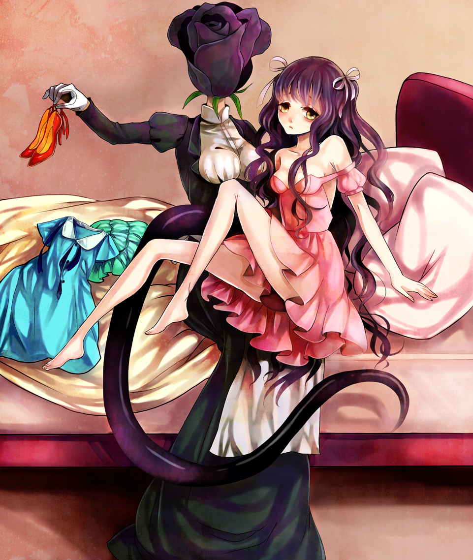 1girl :&lt; arm_support bare_legs bare_shoulders barefoot bent_knees breasts clona commentary_request creature dress final_fantasy final_fantasy_iv flower gloves hair_ribbon holding long_hair off_shoulder on_bed original payot pillow pink_dress pleated_dress puffy_sleeves purple_hair purple_rose ribbon rose rydia shoes sitting sitting_on_person tentacles very_long_hair white_gloves yellow_eyes