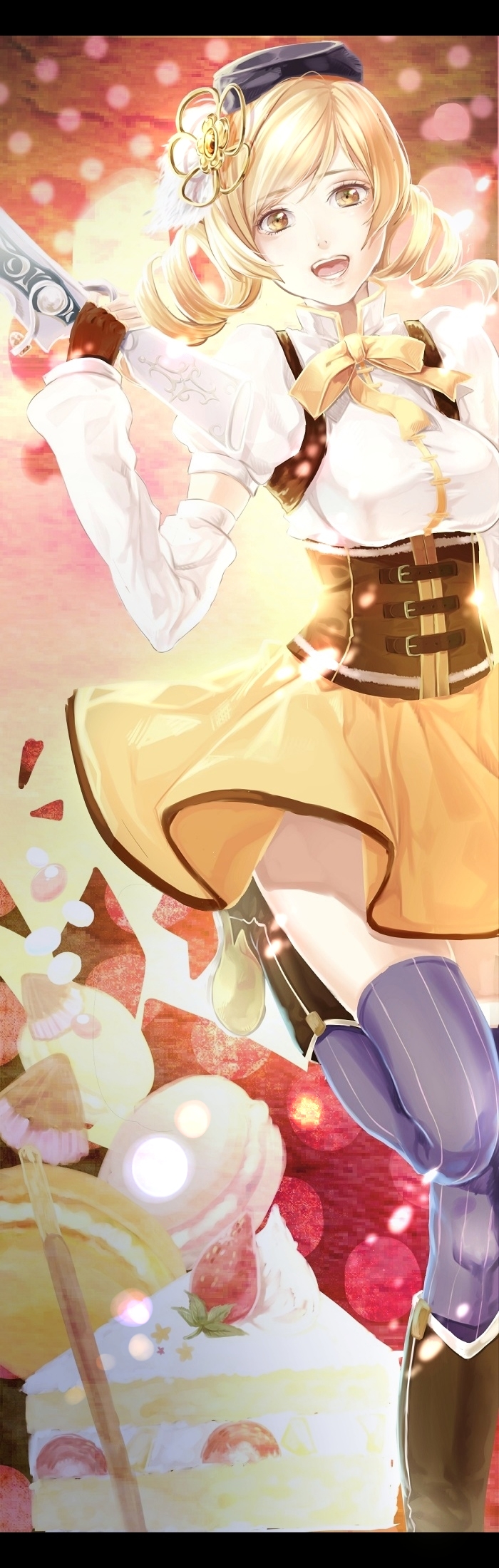 backlighting blonde_hair boots cake desert detached_sleeves fingerless_gloves food fruit gloves gun hair_ornament highres letterboxed macaron mahou_shoujo_madoka_magica pocky rifle skirt standing_on_one_leg strawberry thigh-highs tomoe_mami turukokoko weapon yellow_eyes zettai_ryouiki