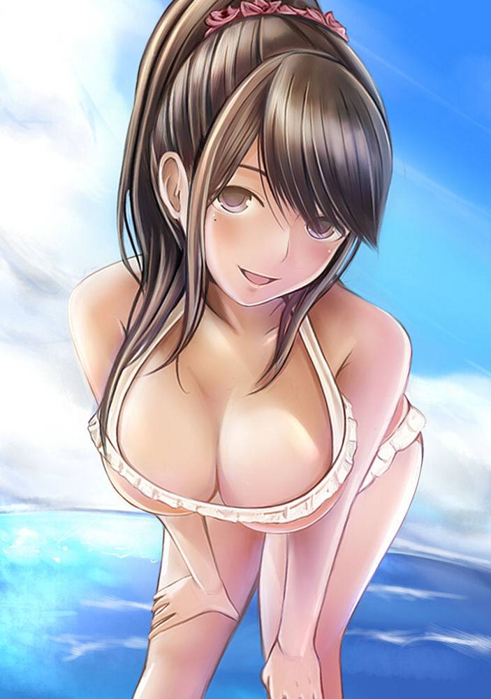 1girl anegasaki_nene bent_over bikini breasts brown_eyes brown_hair cleavage long_hair love_plus nannacy7 ponytail swimsuit