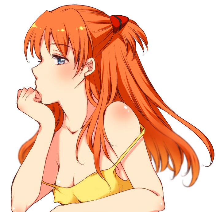 1girl bare_arms bare_shoulders blue_eyes blush breasts chemise cleavage collarbone hair_ornament light_brown_hair long_hair neon_genesis_evangelion no_bra off_shoulder rebuild_of_evangelion shikinami_asuka_langley solo souryuu_asuka_langley two_side_up upper_body yoshii_yumi