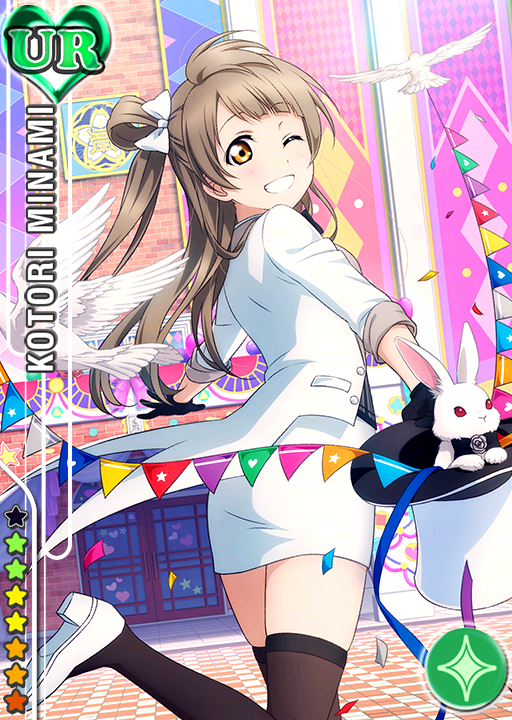 1girl ;d amber_eyes banner bird black_gloves black_legwear blush bow bowtie buttons card_(medium) character_name coat coattails confetti diamond_(shape) door dove gloves grin hair_bow hat heart high_heels leg_up light_brown_hair long_hair long_sleeves looking_at_viewer looking_back love_live!_school_idol_festival love_live!_school_idol_project magician minami_kotori official_art one_eye_closed open_clothes open_coat open_mouth pencil_skirt rabbit red_eyes school shoes side_ponytail skirt sleeves_rolled_up smile solo standing_on_one_leg star thigh-highs top_hat white_bow white_coat white_hat white_shoes white_skirt