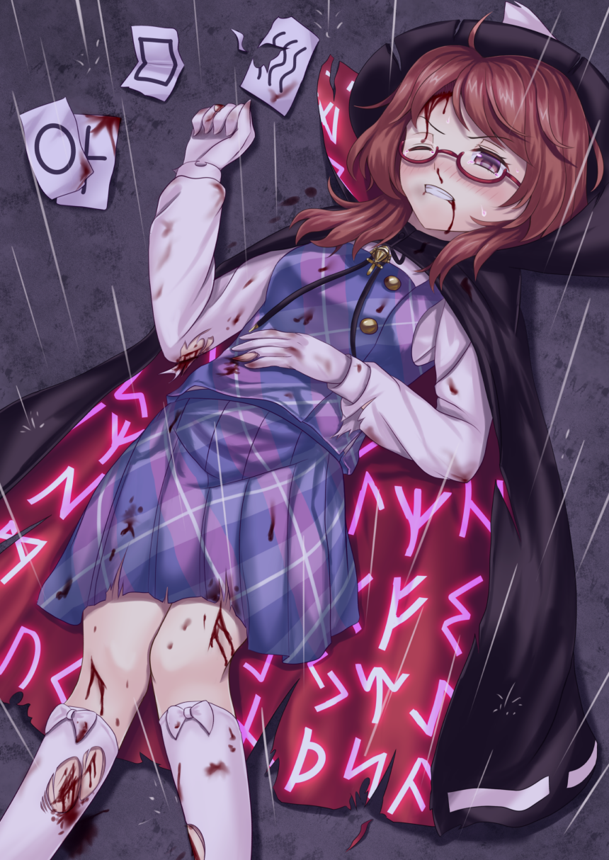1girl blood blood_from_mouth blood_on_face bloody_clothes brown_eyes brown_hair cape clenched_teeth cuts glasses gloves glowing hand_on_own_stomach hat highres injury long_sleeves lying on_back one_eye_closed plaid plaid_skirt plaid_vest quimbaya_airplane rain red-framed_glasses runes sakatsu_katao semi-rimless_glasses short_hair skirt solo torn_clothes torn_gloves torn_kneehighs torn_sleeves under-rim_glasses usami_sumireko zener_card