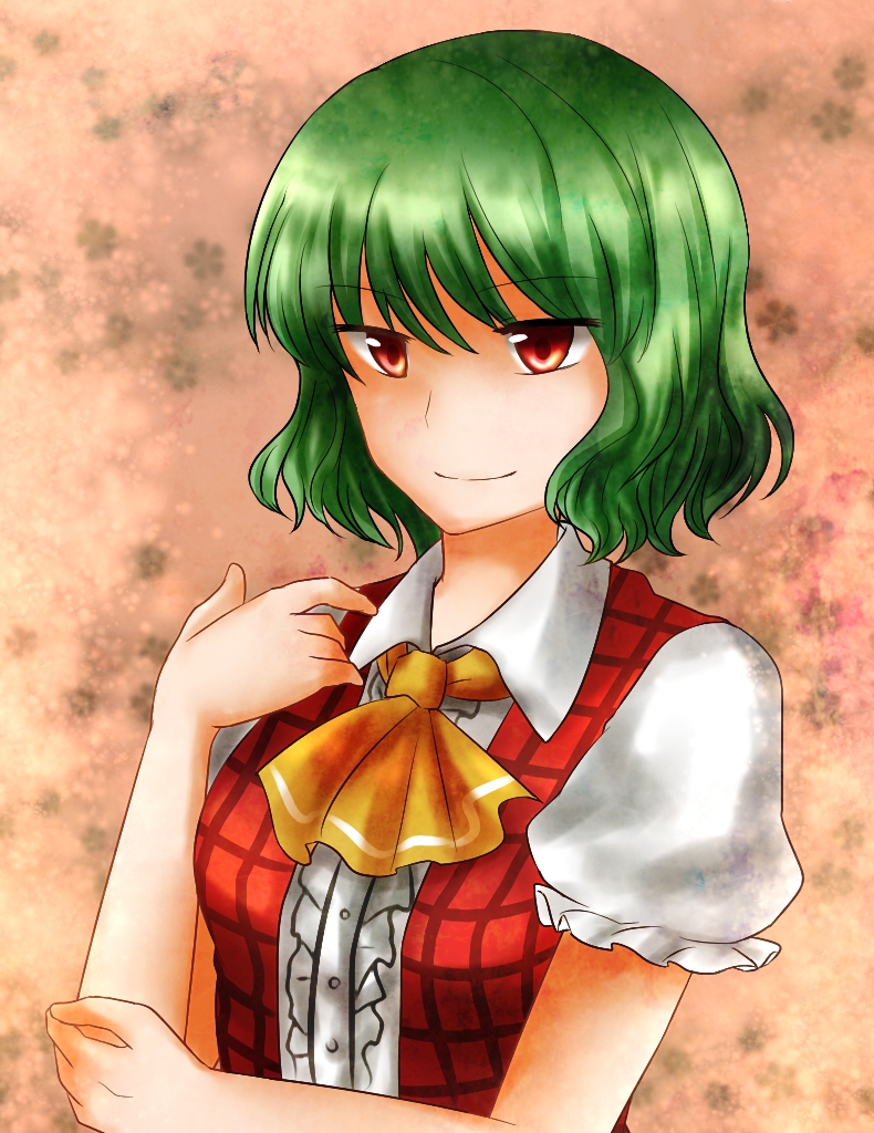 1girl ascot floral_background gradient gradient_background green_hair hand_on_own_chest holding_elbow kazami_yuuka koto_(shiberia39) looking_at_viewer open_clothes open_vest pink_background plaid plaid_vest red_eyes short_hair smile solo touhou upper_body vest
