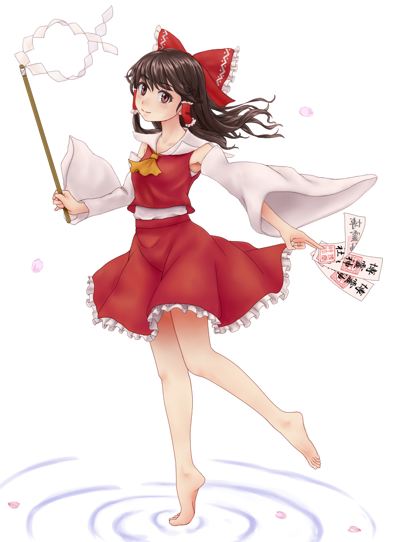 1girl armpits ascot barefoot bow brown_hair detached_sleeves frilled_skirt frills fuwatoro_(enemy-of-society) gohei hair_bow hair_tubes hakurei_reimu head_tilt light_smile long_hair looking_at_viewer ofuda outstretched_arm red_eyes ripples simple_background skirt skirt_set solo standing_on_one_leg tiptoes touhou undershirt white_background wind