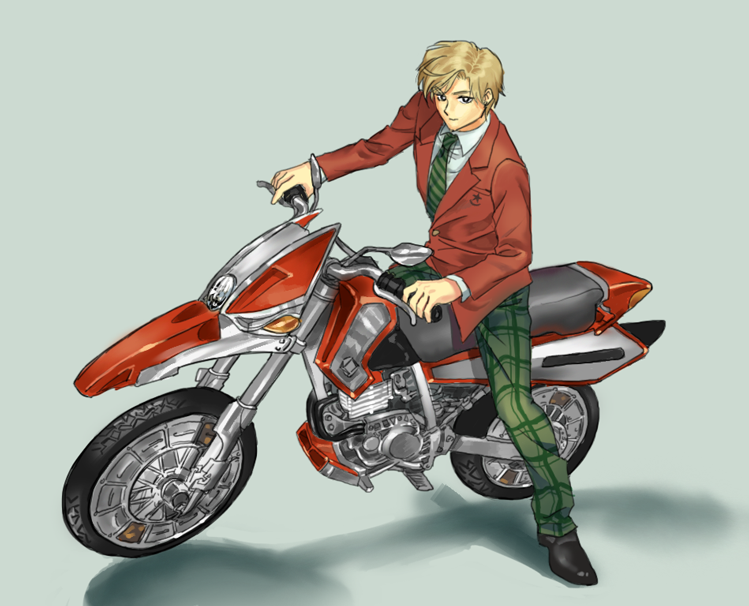 1girl androgynous bishoujo_senshi_sailor_moon blonde_hair female formal kamen_rider kamen_rider_blade_(series) kanbe_c motor_vehicle motorcycle necktie plaid plaid_pants shadow sitting solo striped striped_necktie suit ten'ou_haruka tomboy vehicle