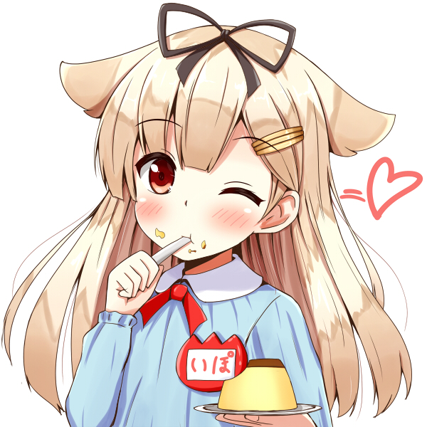 1girl aikawa_ryou blonde_hair blush child commentary_request food food_on_head hair_ornament hair_ribbon hairclip kantai_collection kindergarten_uniform long_hair long_sleeves object_on_head one_eye_closed pudding red_eyes ribbon solo upper_body younger yuudachi_(kantai_collection)