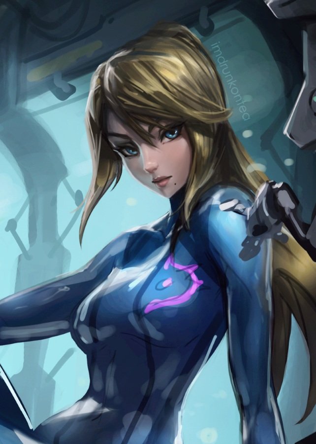 1girl bangs blonde_hair blue_bodysuit blue_eyes bodysuit breasts gloves gun high_ponytail imdrunkontea large_breasts long_hair looking_at_viewer metroid metroid_dread mole mole_under_mouth ponytail samus_aran sidelocks simple_background skin_tight smile solo weapon zero_suit