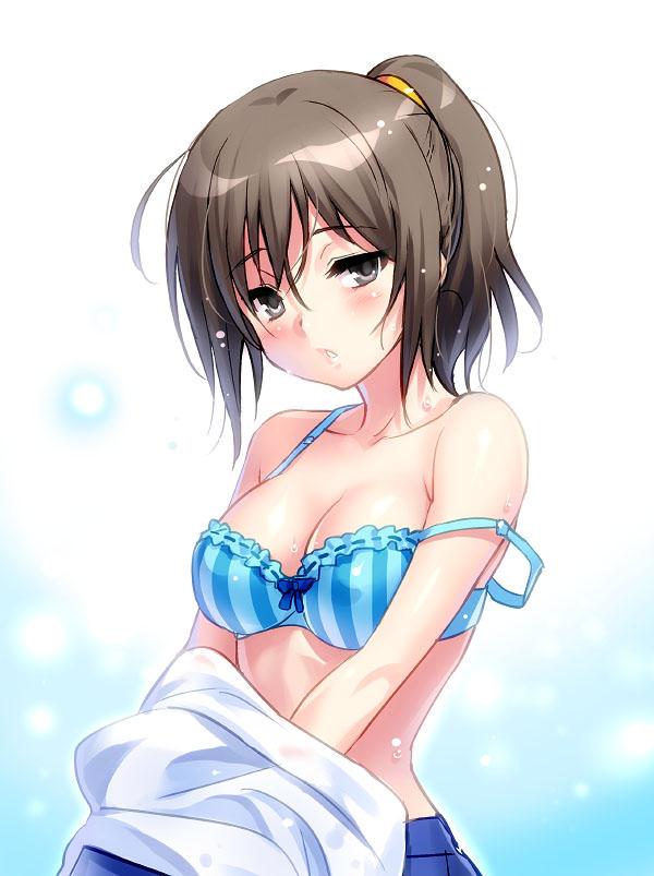 1girl bra breasts brown_hair character_request cleavage long_hair ponytail solo strap_slip striped striped_bra underwear undressing zen