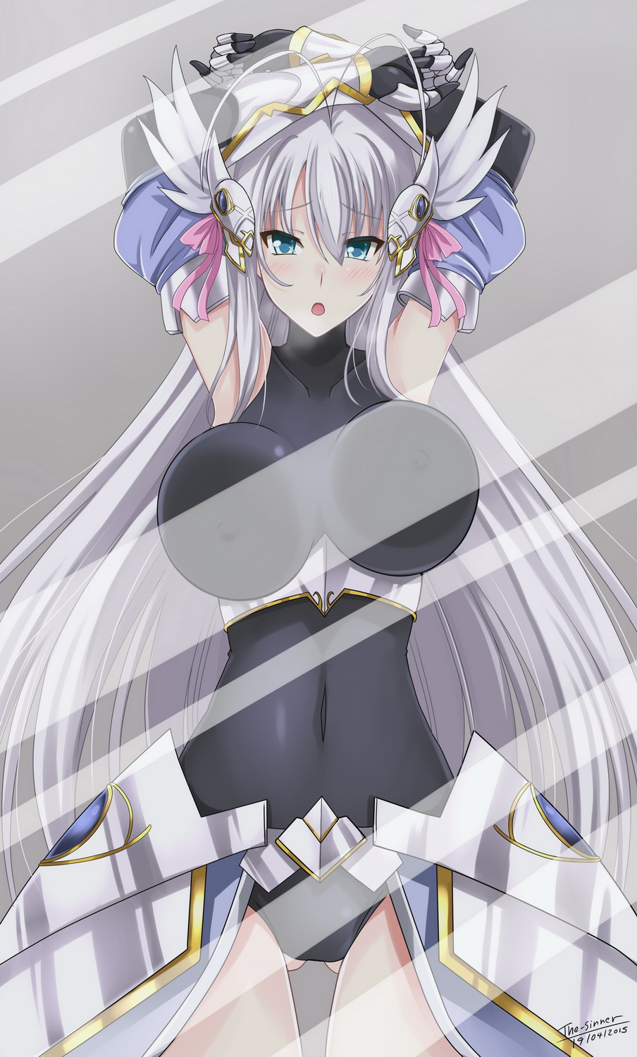 1girl :o against_glass antenna_hair armpits arms_up blue_eyes blush breast_press breasts covered_navel detached_sleeves gauntlets hair_ribbon headgear high_school_dxd highres large_breasts long_hair looking_at_viewer open_mouth ribbon rossweisse silver_hair the-sinner very_long_hair