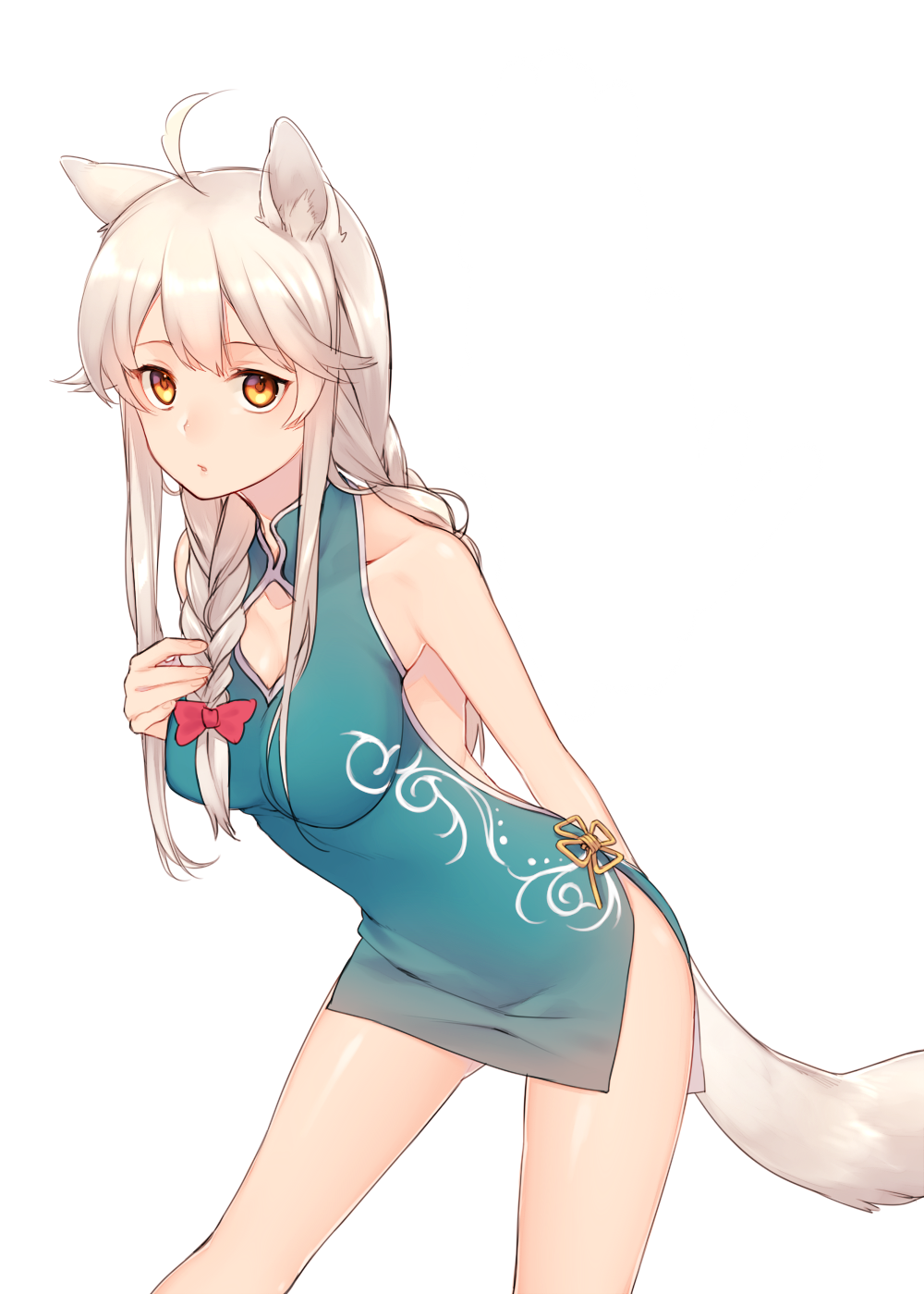 1girl ahoge animal_ears arm_behind_back bow braid china_dress chinese_clothes hair_bow hair_over_shoulder hand_on_own_chest highres leaning_forward lio_(rumei2265874644) long_hair no_panties orange_eyes original payot side_slit silver_hair simple_background solo tail twin_braids white_background