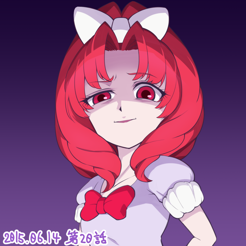 1girl 2015 bow dated evil_smile go!_princess_precure hair_bow precure purple_background red_bow red_eyes redhead shirt short_hair smile solo towa_(go!_princess_precure) troll_face white_bow white_shirt yoshimune