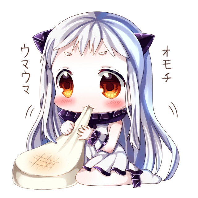 1girl amber_eyes blush chibi chocolat_(momoiro_piano) dress eating food horns kantai_collection long_hair mochi northern_ocean_hime shinkaisei-kan silver_hair sitting solo translation_request very_long_hair wagashi wariza white_dress white_hair