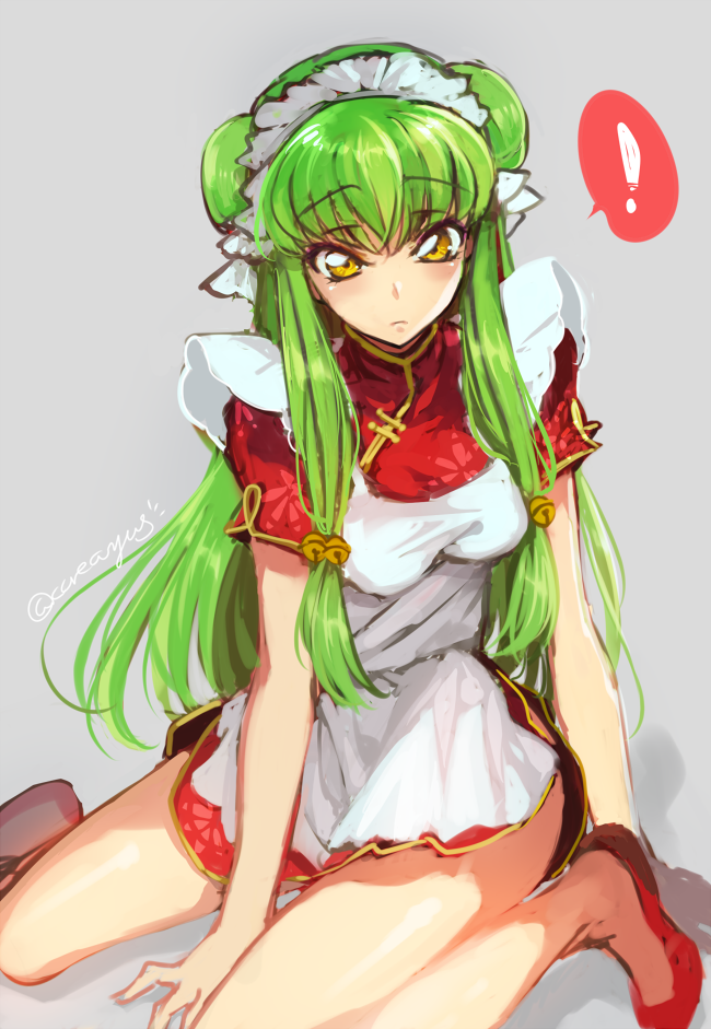 ! 1girl apron bell c.c. china_dress chinese_clothes code_geass creayus green_hair hair_ornament headdress long_hair looking_at_viewer ranma_1/2 shampoo_(ranma_1/2) shampoo_(ranma_1/2)_(cosplay) simple_background sitting solo spoken_exclamation_mark yellow_eyes