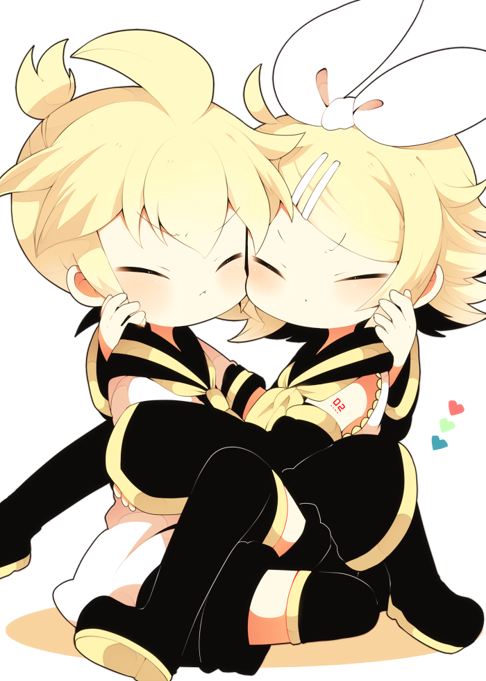 1boy 1girl ahoge black_boots blonde_hair blush boots brother_and_sister cheek-to-cheek chibi closed_eyes detached_sleeves hair_ornament hair_ribbon hairclip hand_on_another's_face hug kagamine_len kagamine_rin kyou_(nekoneko) ponytail ribbon sailor_collar short_ponytail siblings simple_background thigh-highs thigh_boots vocaloid white_background white_ribbon