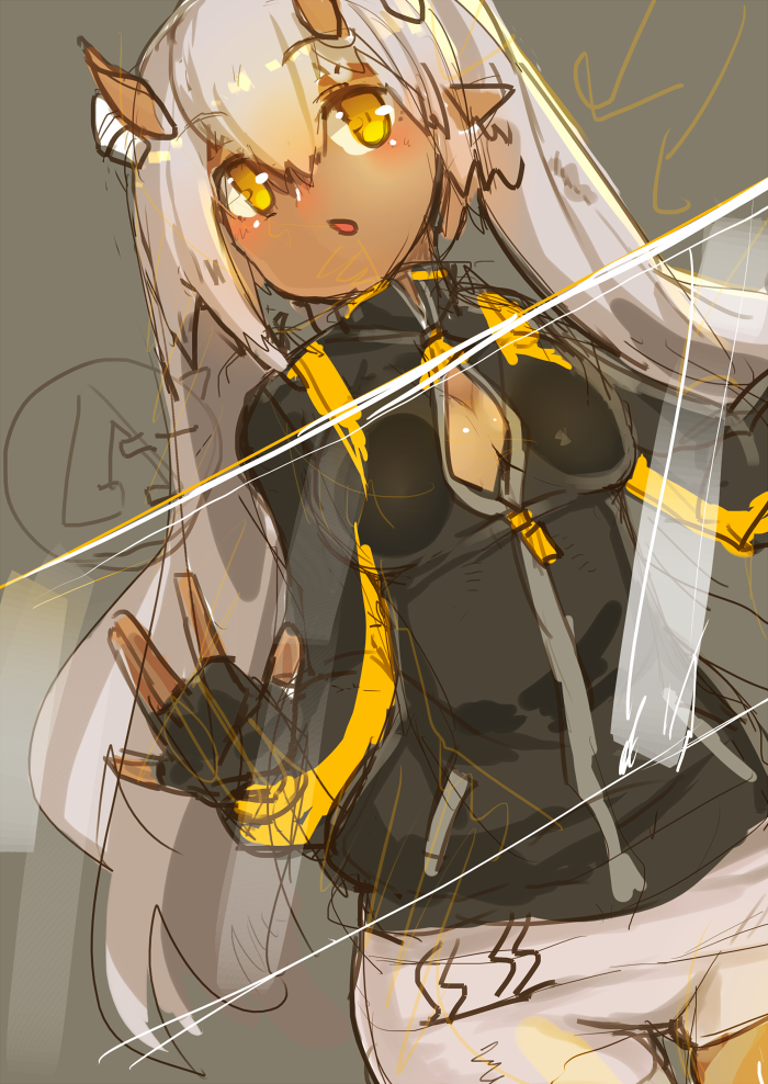 1girl :o against_glass black_gloves breast_press fingerless_gloves gloves hair_ornament horns katsudansou long_hair long_sleeves oni_horns open_mouth original ouhana pointy_ears shorts silver_hair solo track_jacket twintails unzipped yellow_eyes zipper