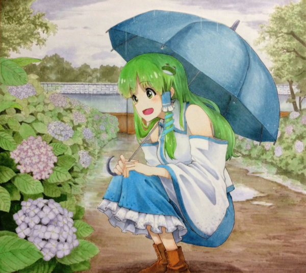 1girl detached_sleeves flower frog_hair_ornament garden green_eyes green_hair hair_ornament hydrangea kochiya_sanae marker_(medium) millipen_(medium) open_mouth path rain road shiratama_(hockey) shirt skirt smile snake_hair_ornament solo squatting touhou traditional_media tree umbrella wall