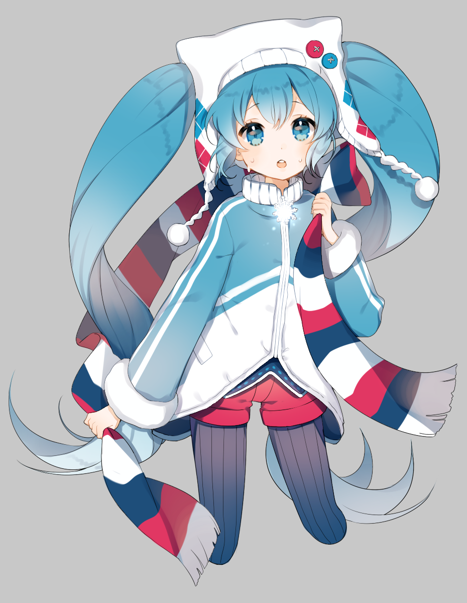 1girl blue_eyes blue_hair hat hatsune_miku highres long_hair long_sleeves pantyhose scarf shorts simple_background snowflakes solo striped striped_scarf twintails uttao very_long_hair vocaloid yuki_miku