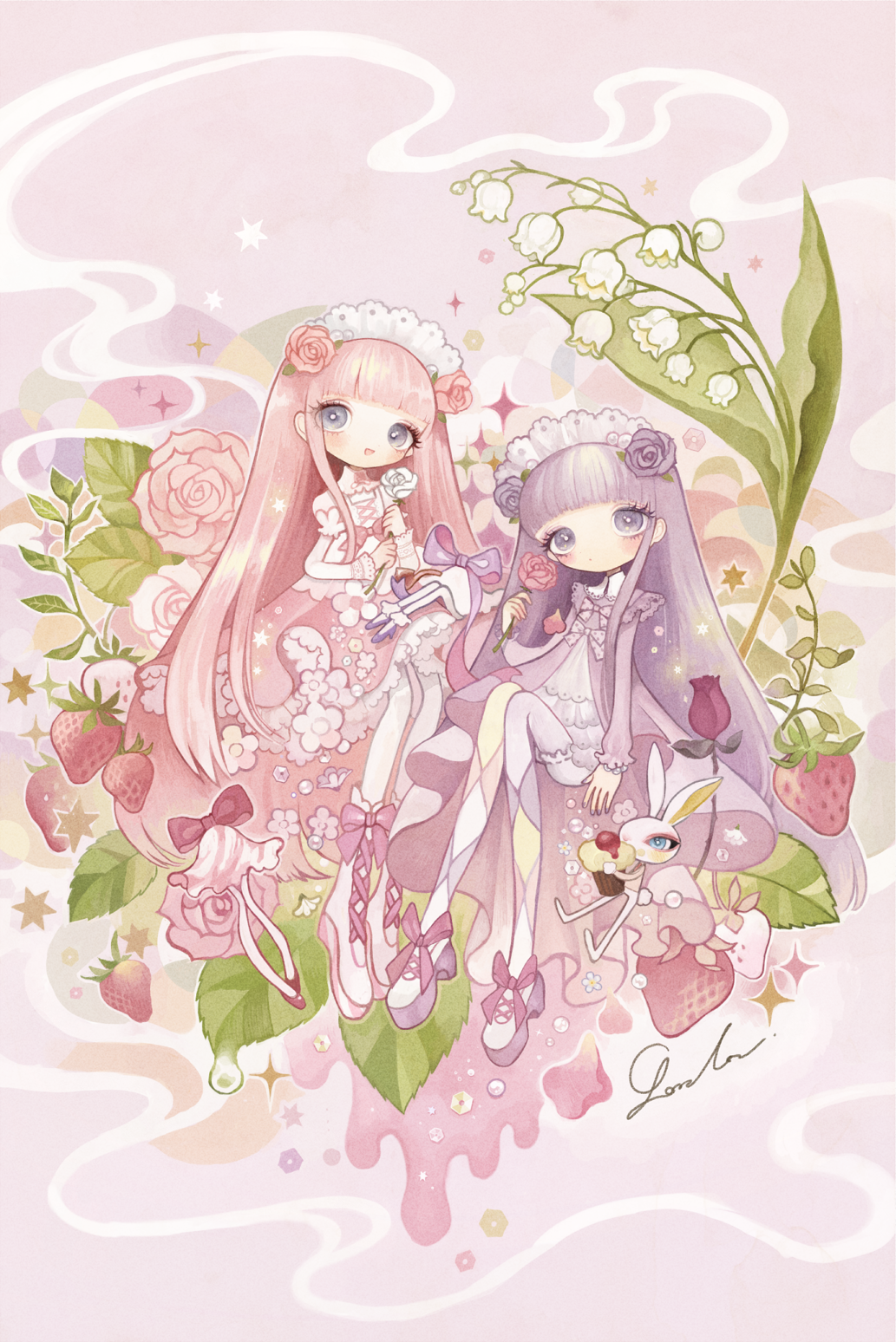2girls :d argyle argyle_legwear bangs bloomers blue_eyes blunt_bangs blush boots bow cross-laced_footwear cupcake expressionless flower food fruit hair_flower hair_ornament highres holding holding_flower lace-up_boots lalala222 lily_of_the_valley lolita_fashion long_hair long_sleeves looking_at_viewer maid_headdress multiple_girls open_mouth original pantyhose pink_hair pink_rose purple_hair purple_rose rabbit rose shoe_bow shoes signature smile sparkle star strawberry underwear very_long_hair violet_eyes white_legwear white_pupil white_rose