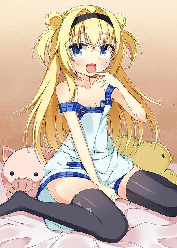 1girl bare_shoulders black_legwear blonde_hair blue_eyes blush chitose_sana double_bun hairband kankitsunabe_(citrus) long_hair open_mouth pig sitting smile solo stuffed_animal stuffed_toy tagme tenshinranman wariza