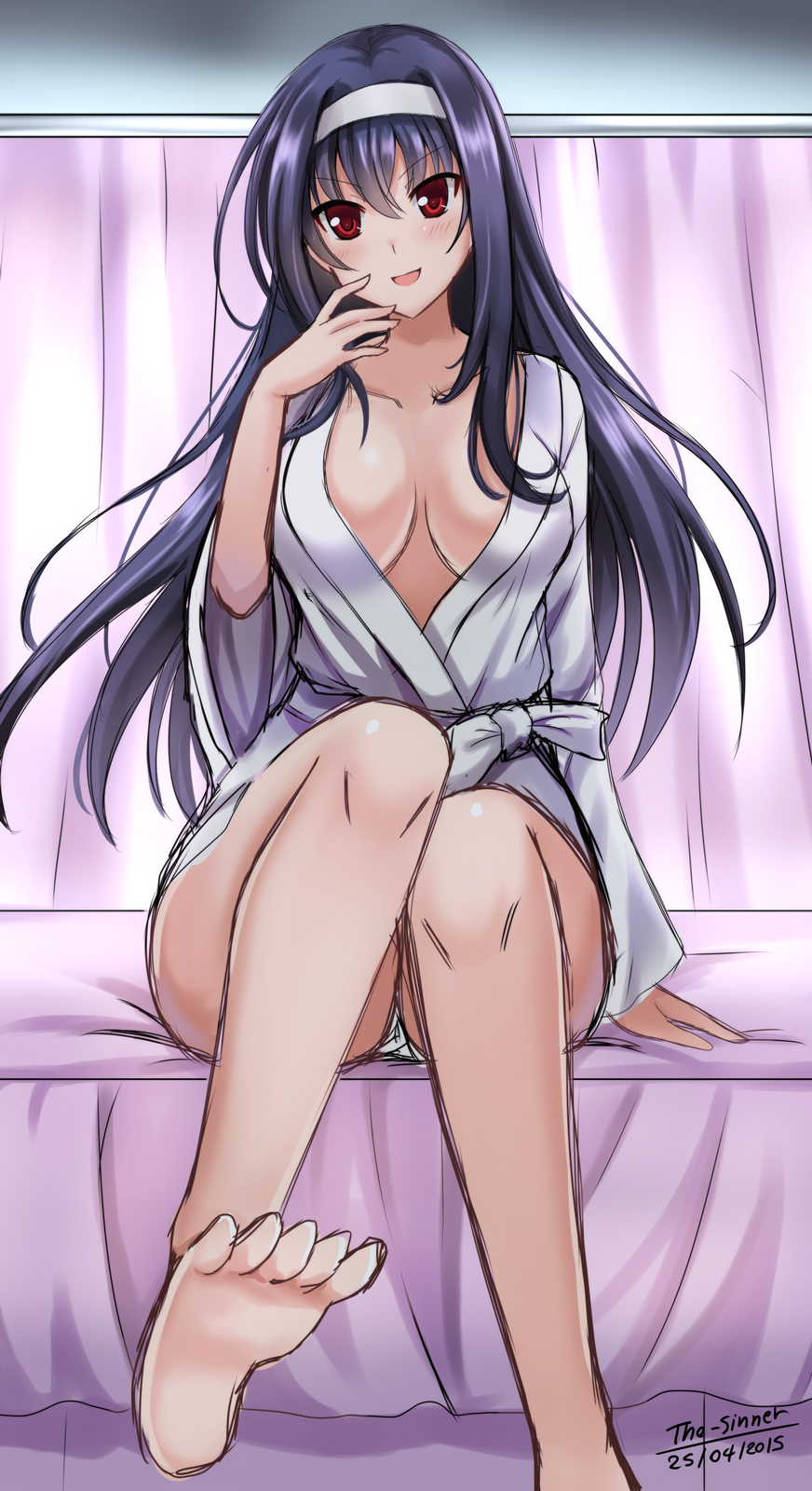 1girl artist_name black_hair blush breasts cleavage dated feet hairband highres kasumigaoka_utaha long_hair looking_at_viewer pajamas red_eyes saenai_heroine_no_sodatekata sitting smile solo the-sinner