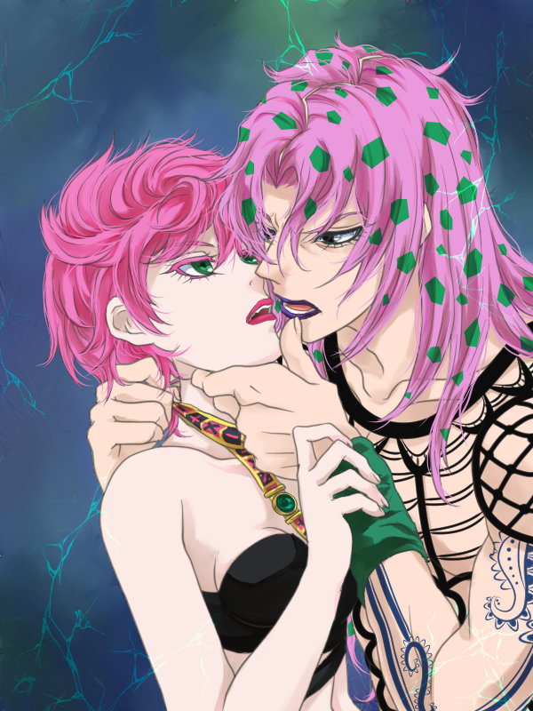 black_eyes bra choker colored_eyelashes diavolo father_and_daughter fishnets green_eyes hand_on_another's_chin incest incipient_kiss jojo_no_kimyou_na_bouken lipstick lo_lis makeup pink_hair pink_lipstick purple_hair purple_lipstick strap tattoo trish_una underwear wristband