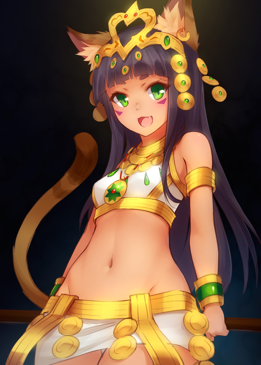 1girl animal_ears bastet_(p&amp;d) black_hair blush cat_ears cat_tail dark_skin egyptian fang green_eyes groin highres jewelry kerasu long_hair looking_at_viewer midriff navel open_mouth puzzle_&amp;_dragons skirt small_breasts smile solo tail