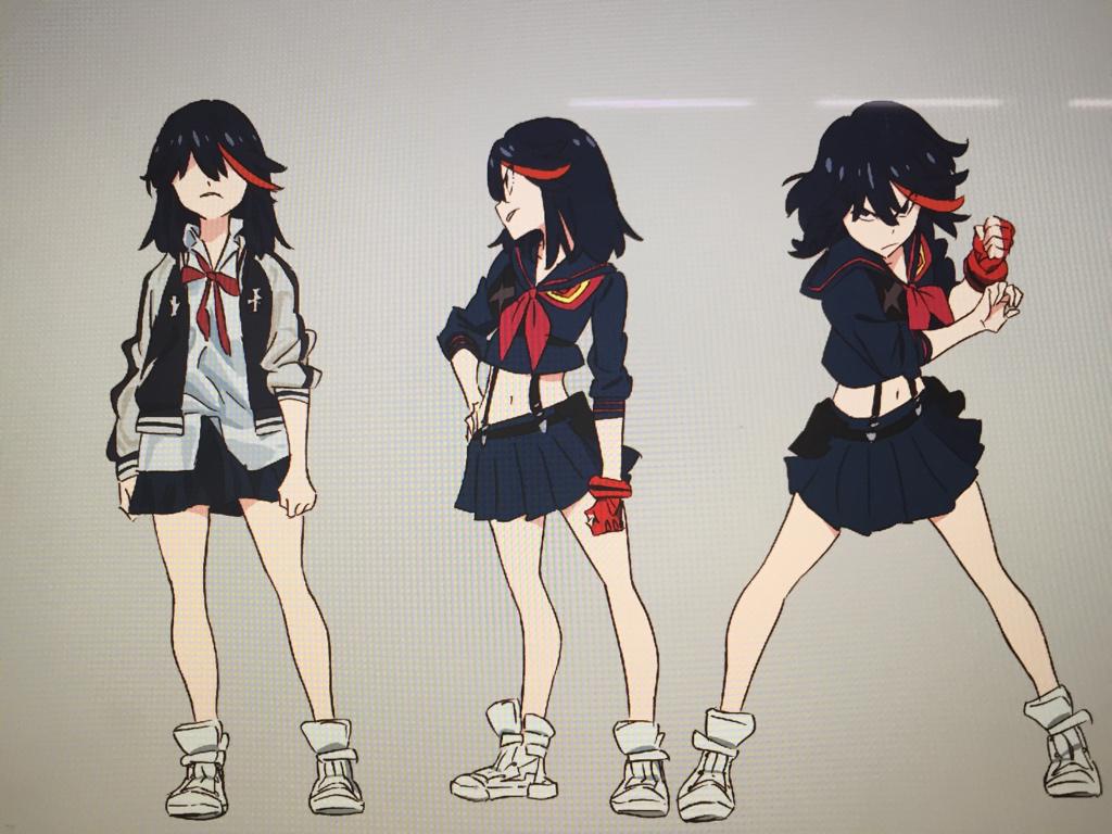 black_hair hair_over_eyes jacket kill_la_kill letterman_jacket matoi_ryuuko midriff navel official_art school_uniform senketsu shoes short_hair single_glove skirt sneakers sushio suspenders