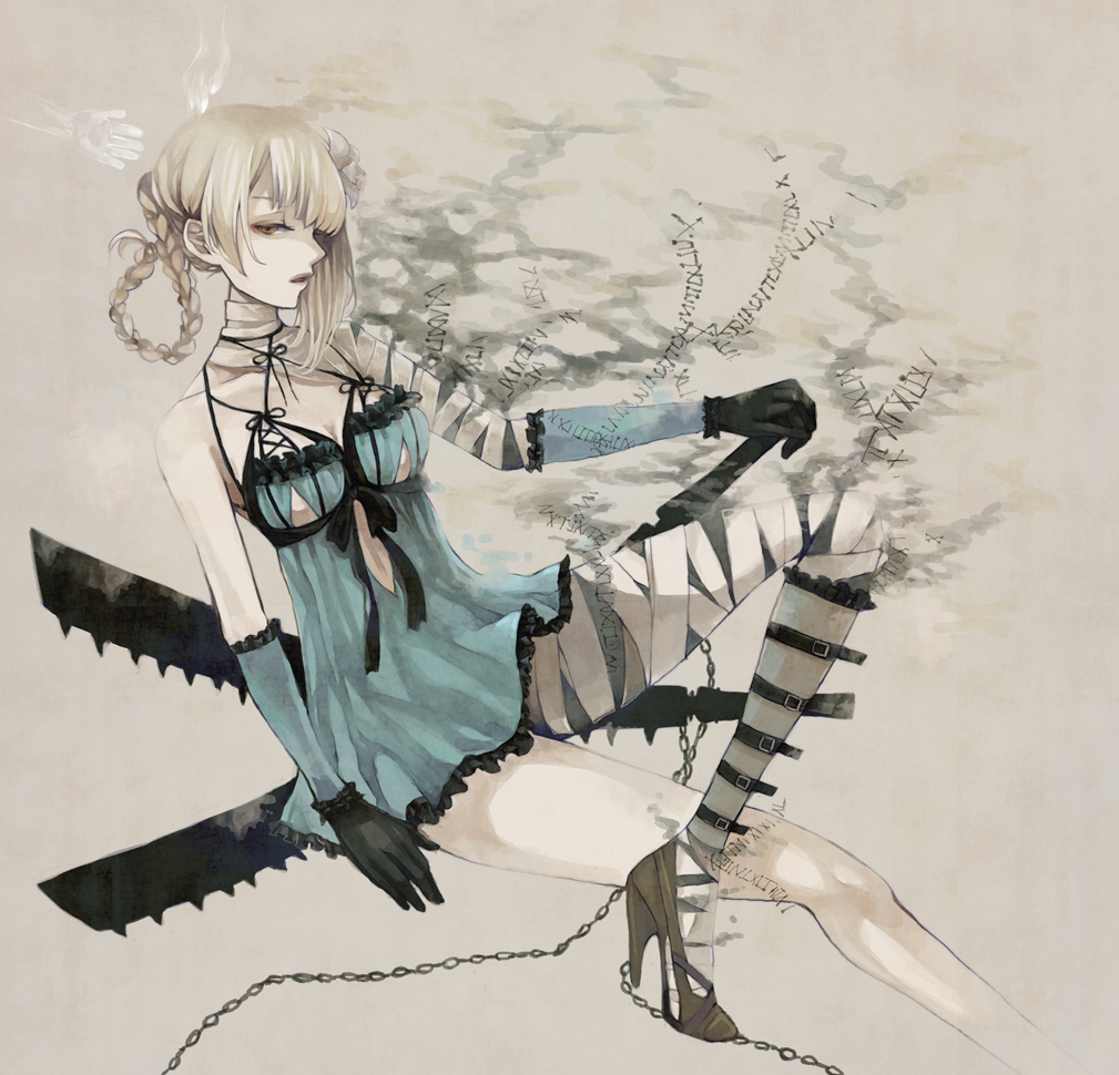 1girl arm_warmers bandaged_arm bandaged_leg bandages bangs black_gloves blonde_hair bow breasts chain clona commentary_request crossed_legs disembodied_limb dress expressionless flat_gaze flower frilled_dress frills ghost gloves grey_background hair_flower hair_ornament kaine_(nier) leg_belt looking_to_the_side muted_color nier pale_skin parted_lips sitting solo spikes sword torn_clothes weapon