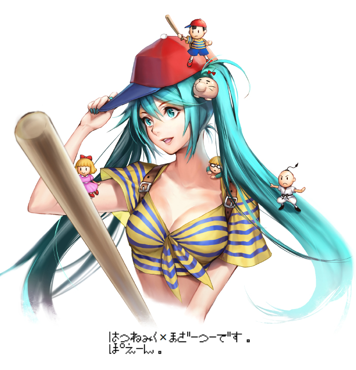 2girls 3boys :d adjusting_clothes adjusting_hat aqua_eyes aqua_hair baseball_bat baseball_cap bow breasts chibi cleavage cosplay crossover doseisan hair_bow hair_ribbon hat hatsune_miku jeff_andonuts long_hair midriff momosuke mother_(game) mother_2 multiple_boys multiple_girls nail_polish ness ness_(cosplay) open_mouth paula_polestar poo ribbon shirt simple_background smile striped striped_shirt tied_shirt translation_request twintails vocaloid white_background