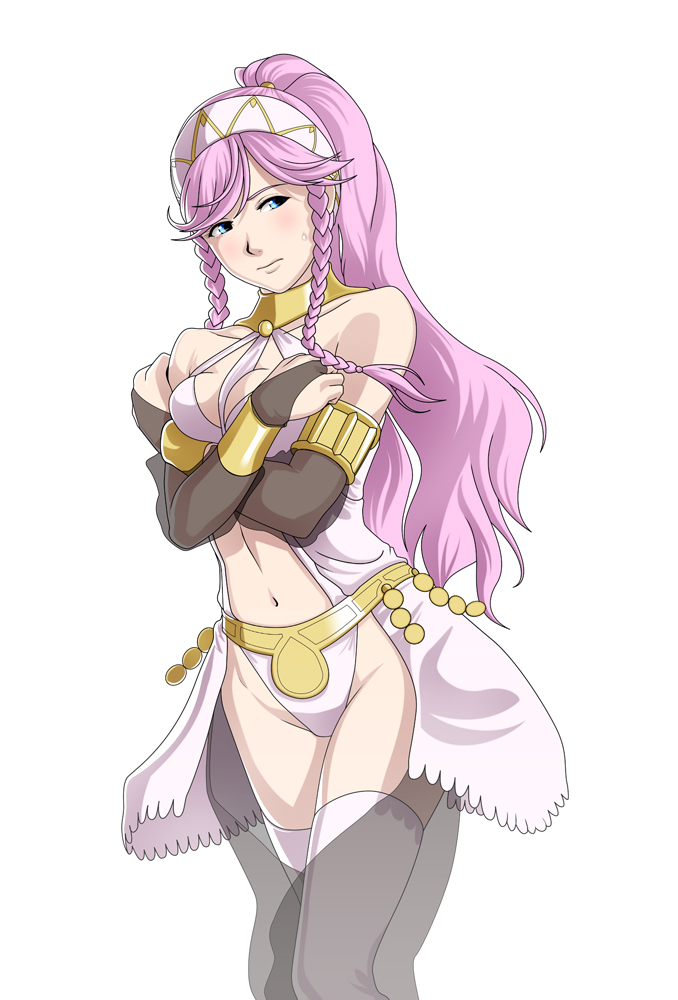 1girl blue_eyes blush braid breast_suppress breasts cleavage female fire_emblem fire_emblem:_kakusei groin hairband jewelry long_hair midriff navel nintendo olivia_(fire_emblem) pink_hair simple_background solo source_request thigh-highs thor_(deep_rising)